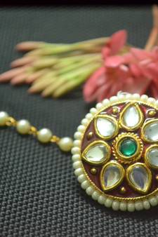 Indian Ethnic Meenakari Work maang tikka Kundan Borla with pearl Chain Head Jewellery