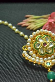 Indian Ethnic Meenakari Work maang tikka Kundan CHAND Borla with pearl Chain Head Jewellery