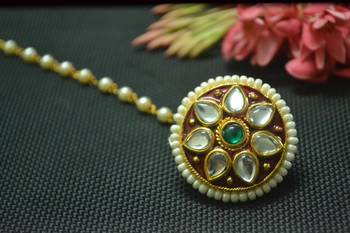 Indian Ethnic Meenakari Work maang tikka Kundan Borla with pearl Chain Head Jewellery 1