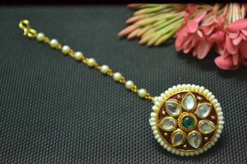Indian Ethnic Meenakari Work maang tikka Kundan Borla with pearl Chain Head Jewellery 2