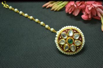 Indian Ethnic Meenakari Work maang tikka Kundan Borla with pearl Chain Head Jewellery 4