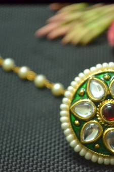 Indian Ethnic Meenakari Work maang tikka Kundan Borla with pearl Chain Head Jewellery