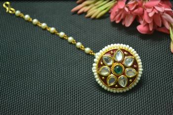 Indian Ethnic Meenakari Work maang tikka Kundan Borla with pearl Chain Head Jewellery 1