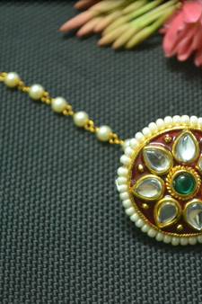 Indian Ethnic Meenakari Work maang tikka Kundan Borla with pearl Chain Head Jewellery
