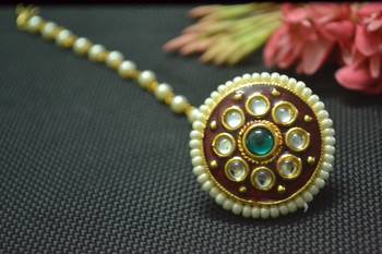 Indian Ethnic Meenakari Work maang tikka Kundan Borla with pearl Chain Head Jewellery 1