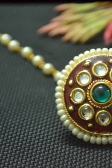 Indian Ethnic Meenakari Work maang tikka Kundan Borla with pearl Chain Head Jewellery