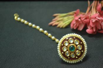 Indian Ethnic Meenakari Work maang tikka Kundan Borla with pearl Chain Head Jewellery 3