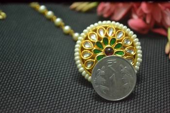 Indian Ethnic Meenakari Work maang tikka Kundan Borla with pearl Chain Head Jewellery 3