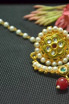 Indian Ethnic Meenakari Work maang tikka Kundan CHAND Borla with pearl Chain Head Jewellery