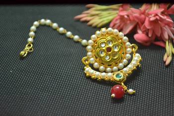 Indian Ethnic Meenakari Work maang tikka Kundan CHAND Borla with pearl Chain Head Jewellery 2