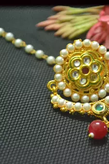 Indian Ethnic Meenakari Work maang tikka Kundan CHAND Borla with pearl Chain Head Jewellery