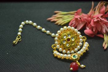 Indian Ethnic Meenakari Work maang tikka Kundan CHAND Borla with pearl Chain Head Jewellery 3