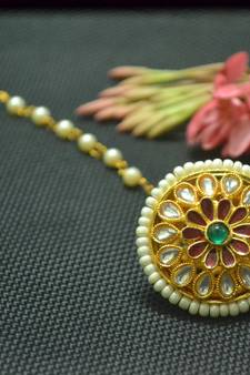 Indian Ethnic Meenakari Work maang tikka Kundan Borla with pearl Chain Head Jewellery