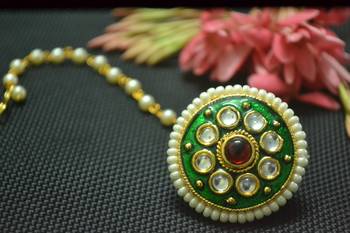 Indian Ethnic Meenakari Work maang tikka Kundan Borla with pearl Chain Head Jewellery 1