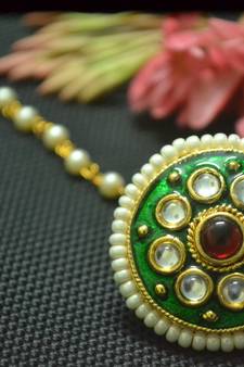 Indian Ethnic Meenakari Work maang tikka Kundan Borla with pearl Chain Head Jewellery