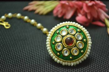 Indian Ethnic Meenakari Work maang tikka Kundan Borla with pearl Chain Head Jewellery 2