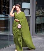 Indian Dresses Green Ribbed Silk Beautiful Latest Saree Collection