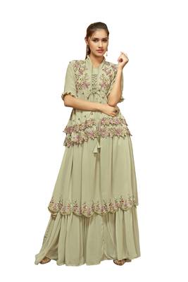 Light Green Color Embroidered Faux Georgette Semi Stitched Gown with Dupatta 1