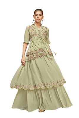 Light Green Color Embroidered Faux Georgette Semi Stitched Gown with Dupatta 2