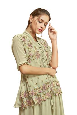 Light Green Color Embroidered Faux Georgette Semi Stitched Gown with Dupatta 4