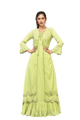 Light Green Color Embroidered Faux Georgette Semi Stitched Gown with Dupatta 1