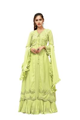 Light Green Color Embroidered Faux Georgette Semi Stitched Gown with Dupatta 3