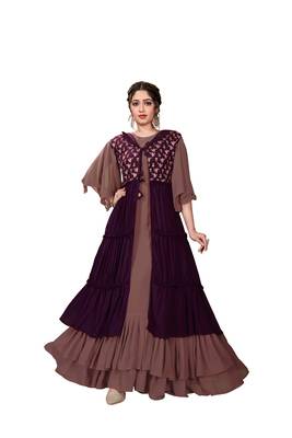Purple Color Embroidered Faux Georgette Semi Stitched Gown with Jacket 1