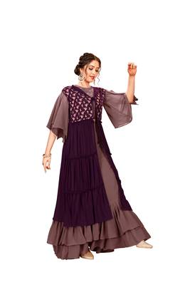 Purple Color Embroidered Faux Georgette Semi Stitched Gown with Jacket 3