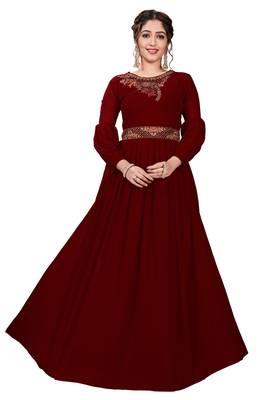 Maroon Color Embroidered Faux Georgette Semi Stitched Gown 1