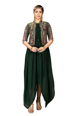 Green Color Solid Faux Georgette Semi Stitched Gown with Jacket 1