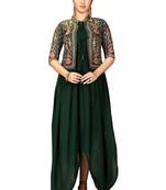 Green Color Solid Faux Georgette Semi Stitched Gown with Jacket