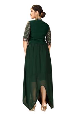 Green Color Solid Faux Georgette Semi Stitched Gown with Jacket 2