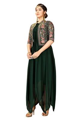 Green Color Solid Faux Georgette Semi Stitched Gown with Jacket 3