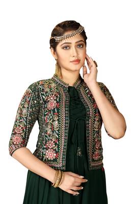 Green Color Solid Faux Georgette Semi Stitched Gown with Jacket 4