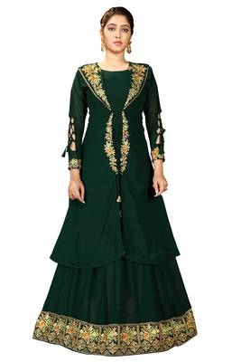 Green Color Embroidered Faux Georgette Semi Stitched Gown with Jacket 1