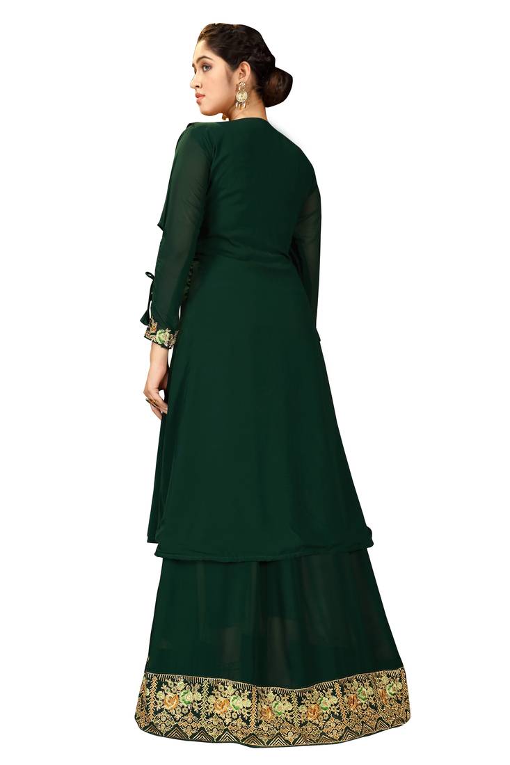 Green Color Embroidered Faux Georgette Semi Stitched Gown with Jacket