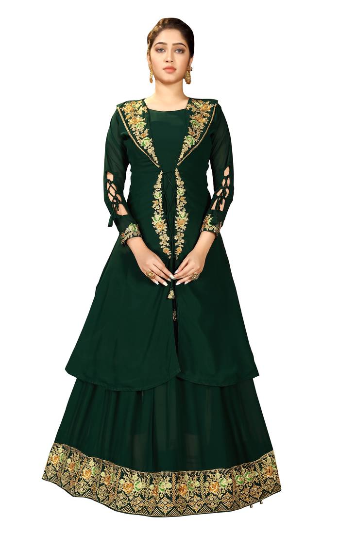 Green Color Embroidered Faux Georgette Semi Stitched Gown with Jacket