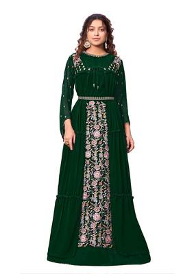 Green Color Embroidered Faux Georgette Semi Stitched Gown with Jacket 1
