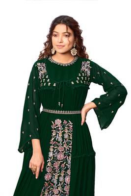 Green Color Embroidered Faux Georgette Semi Stitched Gown with Jacket 3
