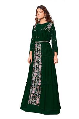 Green Color Embroidered Faux Georgette Semi Stitched Gown with Jacket 4