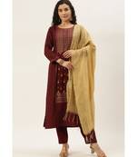 Women Maroon Foil Print Kurta With Pant & Dupatta