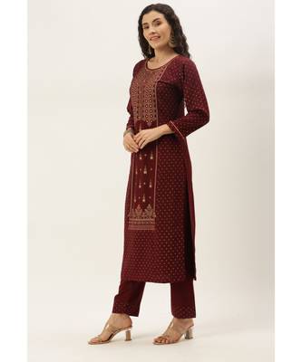 Women Maroon Foil Print Kurta With Pant & Dupatta 2
