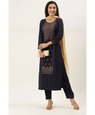 Women Blue Foil Print Kurta With Pant & Dupatta 1