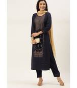 Women Blue Foil Print Kurta With Pant & Dupatta