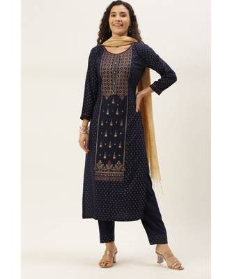 Women Blue Foil Print Kurta With Pant & Dupatta 2