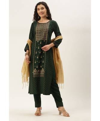 Women Green Foil Print Kurta With Pant & Dupatta 1