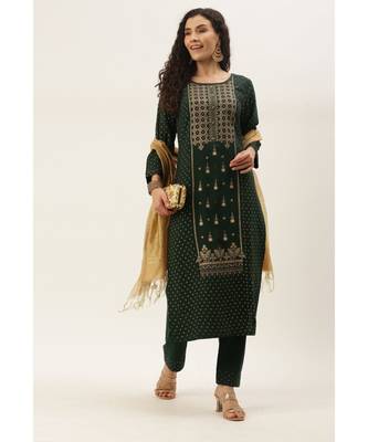 Women Green Foil Print Kurta With Pant & Dupatta 2