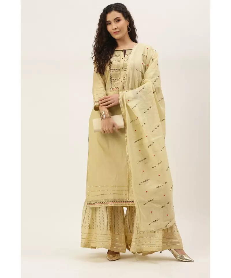 Women Cream Sequence & Lace Work Sharara Suit