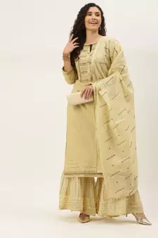Women Cream Sequence & Lace Work Sharara Suit