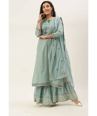 Women Light Teal Sequence & Lace Work Sharara Suit 1